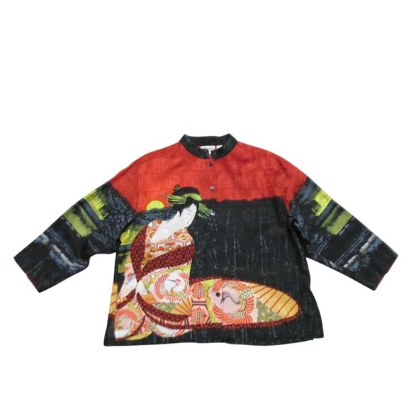 CHICOS Womens L Button Front Silk Top Japanese Geisha Girl Print Size L/12 - Picture 1 of 10